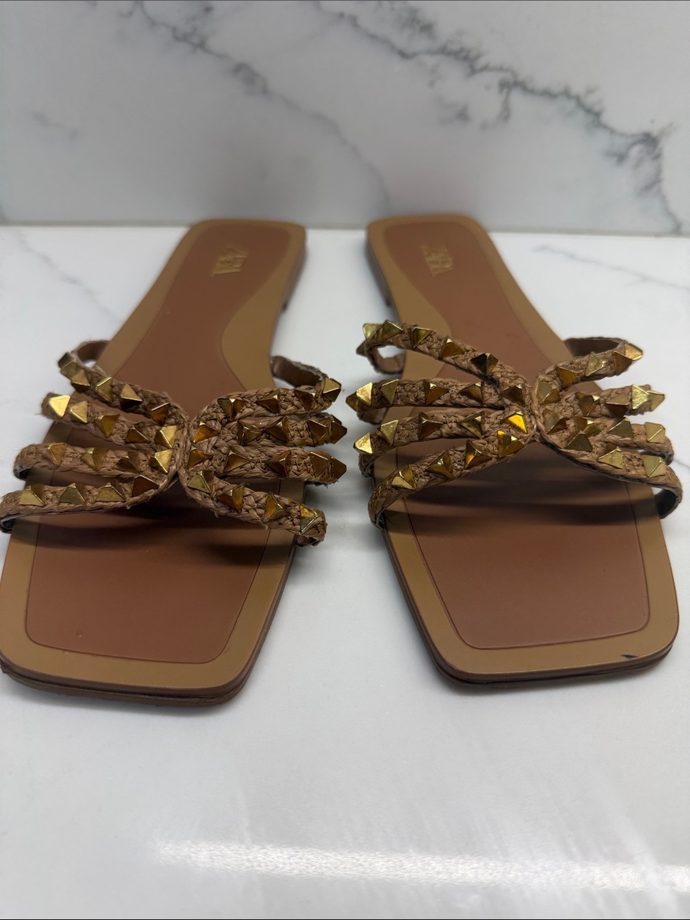 ZARA Brown Braided Slide Sandals with Gold Studs